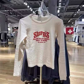BM风美式复古sturgis红色字母印花长袖T恤女修身打底打底衫上衣潮