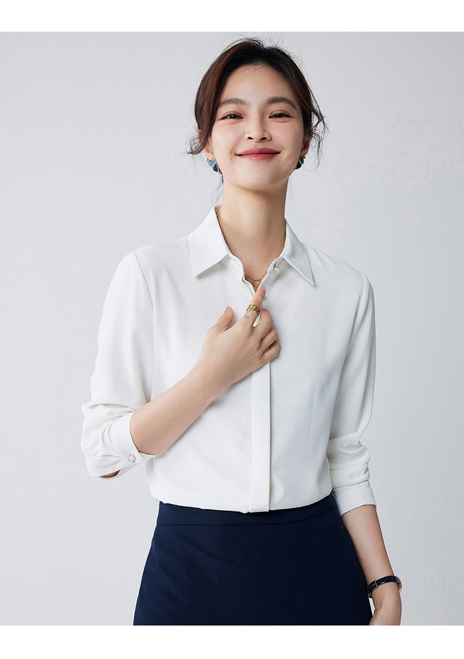 Áo sơ mi voan dài tay nữ cổ vuông, thiết kế chống lộ, phom rủ mềm mại — Trắng-dài tay-nữ chi tiết 16