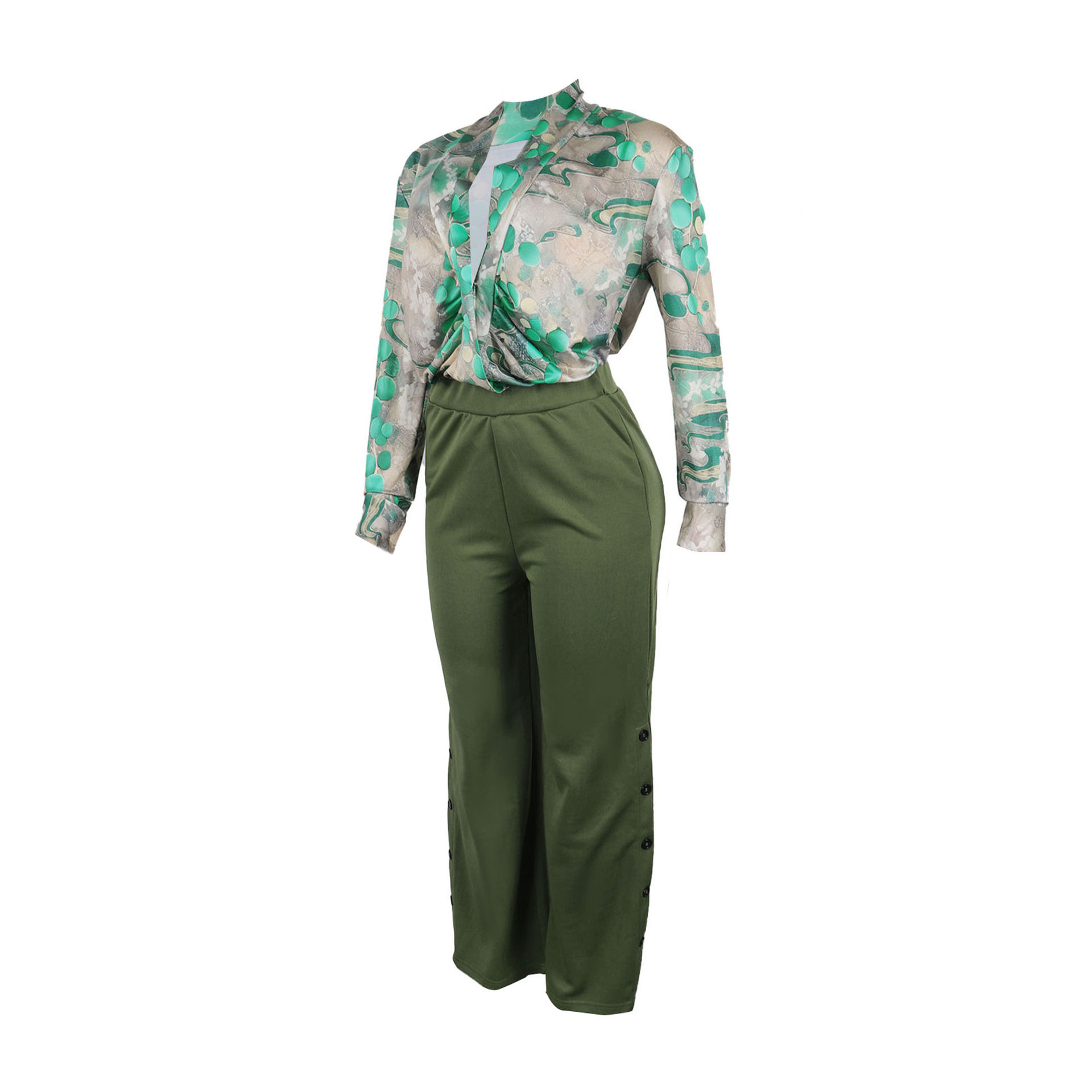 Women Printed V neck Shirt Wide Leg Pants Two Piece Set