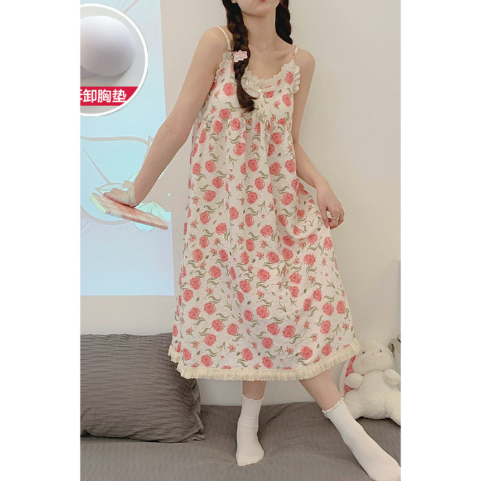 Pijamas con cojín de pecho, pijamas de mujer, falda suelta, estilo coreano, lindos dibujos animados, ropa para el hogar, pijamas transfronterizos.