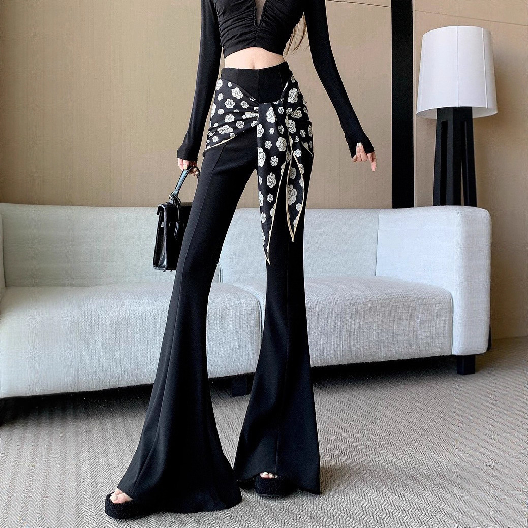 Black Camellia Silk Scarf Tie Flared Pants for Women, Autumn 2025 New Fashion High-Waisted Slimming Casual Floor-Length Pants