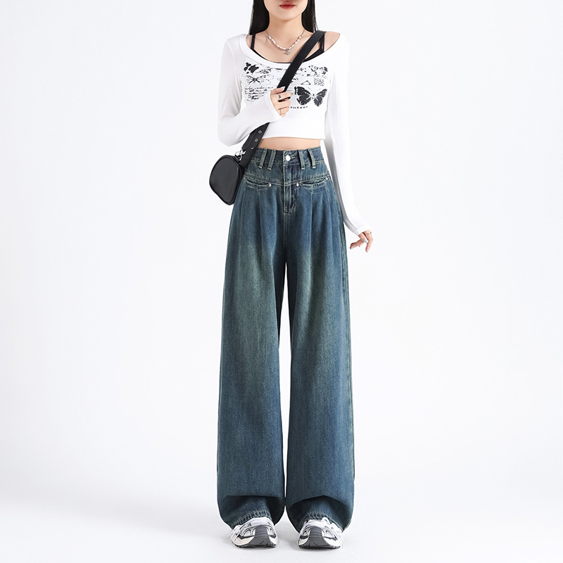 美式復古水洗做舊牛仔寬鬆闊腿褲褶皺顯瘦百搭牛仔慵懶松馳垂感褲