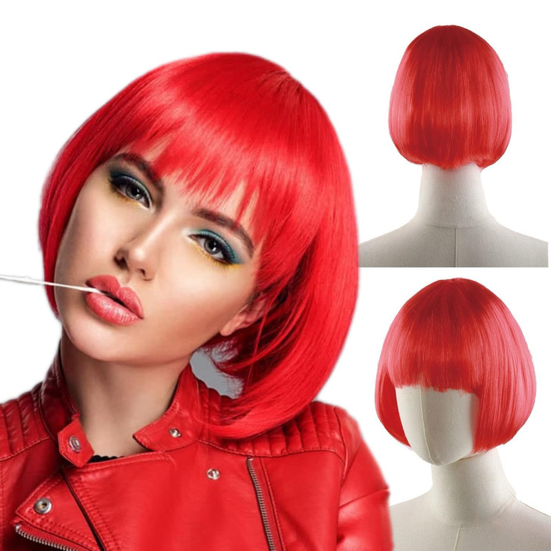 Cross-Border Wig Red Bob Women's Wig High Temperature Silk Chemical Fiber Synthetic Wig Hair Cover Red Women's Wig