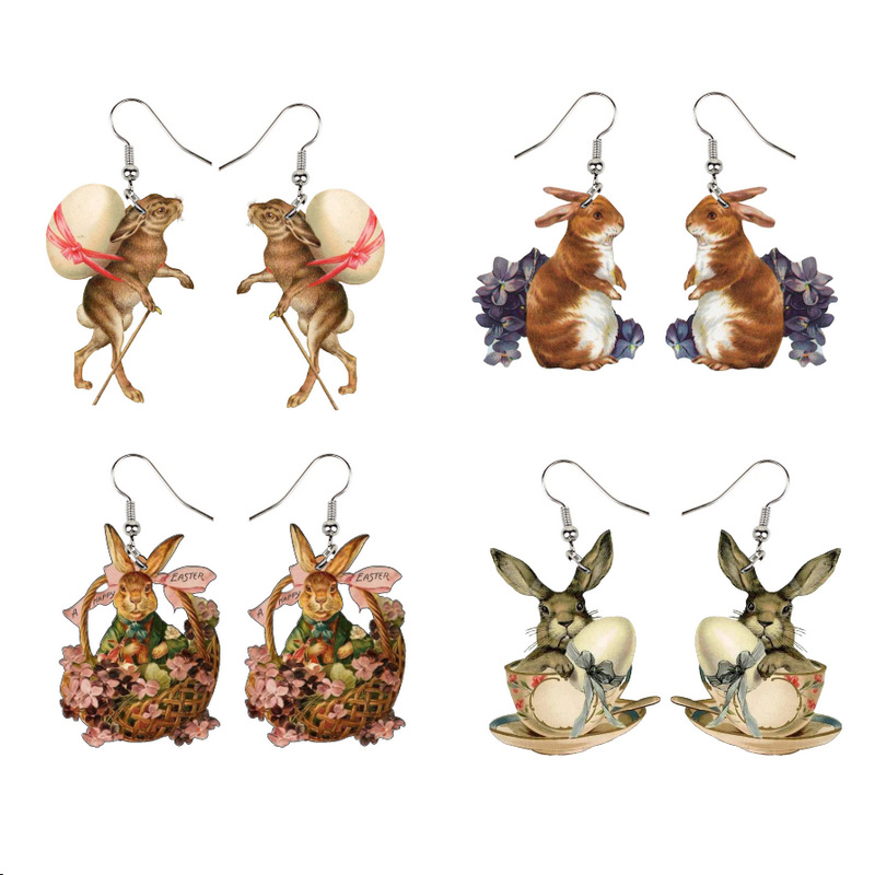 Easter wooden retro chick rabbit menu earrings_voghion.com