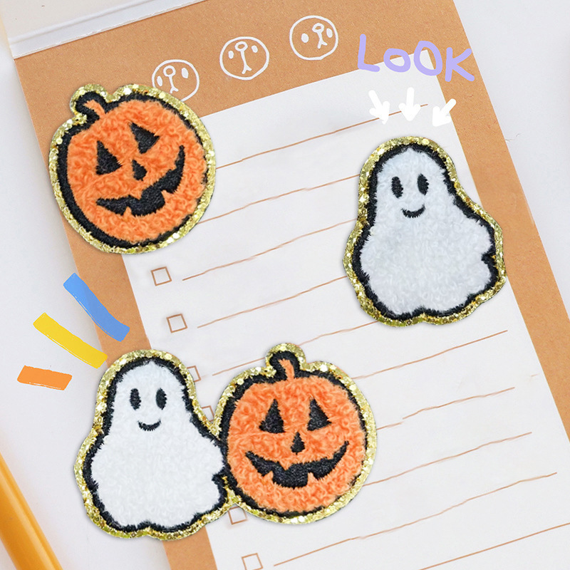 万圣节幽灵鬼魂南瓜头万圣节雪尼尔毛巾绣刺绣布贴补丁布贴