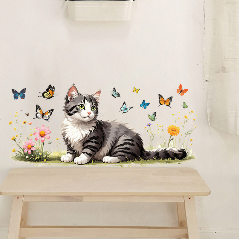 새로운 고양이 스티커 홈 어린이 방 장식 그림 벽지 작은 신선하고 귀여운 고양이 자체 접착 페인트 벽 스티커