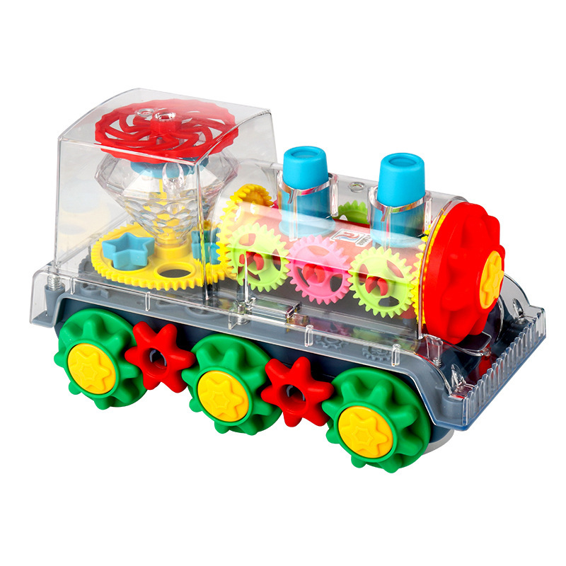 Juguetes de tren eléctrico para niños, engranajes universales, luz transparente, música giratoria, modelo de tren de juguetes al por mayor