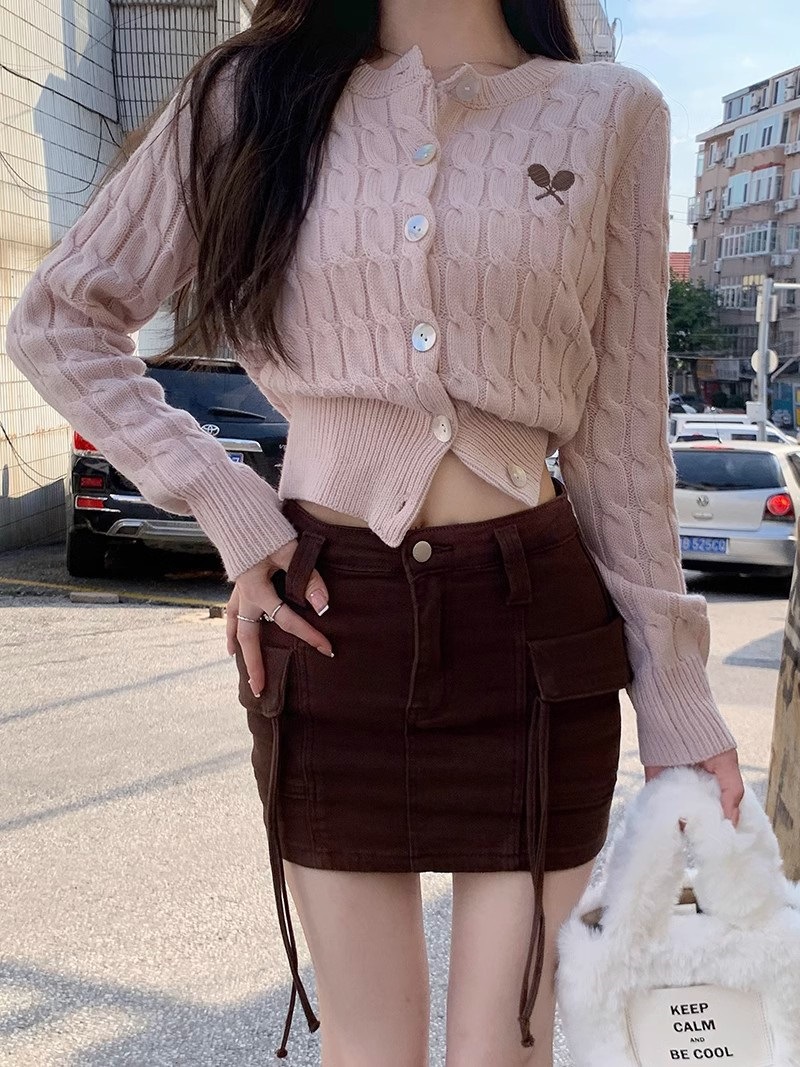学院风内搭绞花毛衣女2026秋季复古显瘦打底刺绣长袖短款针织开衫