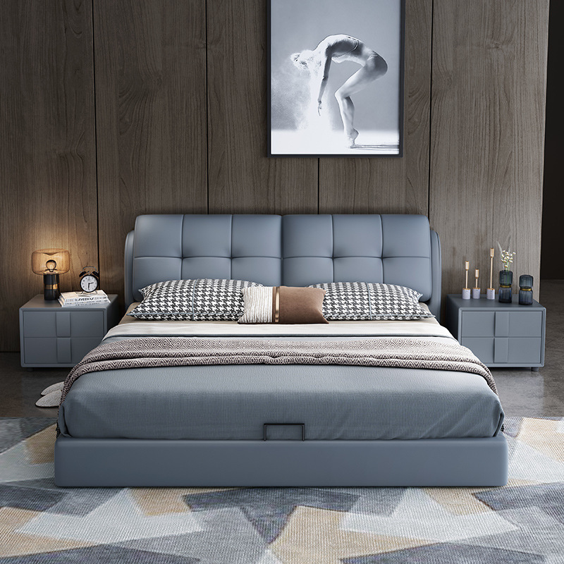 Modern simple real leather bed 1.8 m double master bedroom 2 m big bed light luxury technology fabric 1.5m bed storage wedding bed Modern simple real leather bed 1.8 m double master bedroom 2 m big bed light luxury technology fabric 1.5m bed storage wedding bed