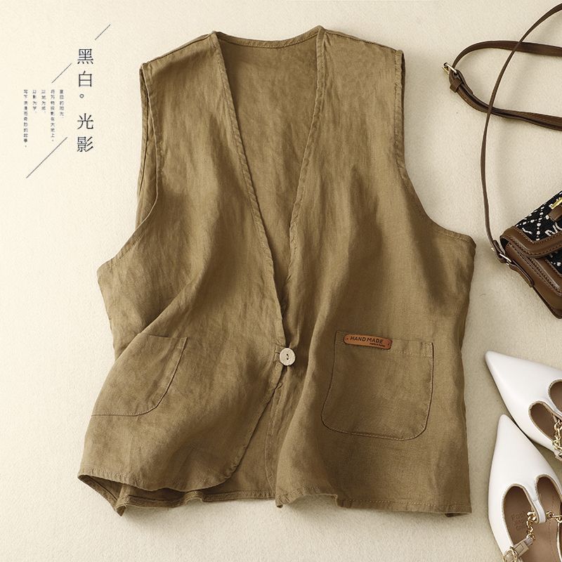 Casual estilo japonés chaleco de lino de verano delgado suelto chaleco de botón de cuello en V simple chaleco protector solar image 2