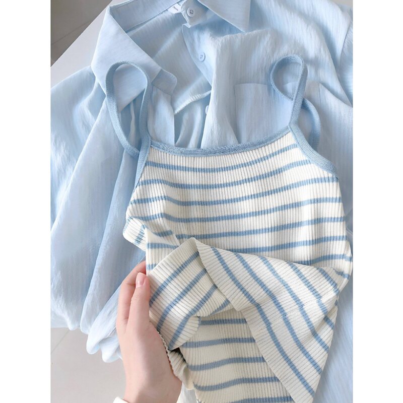 A Complete Set of Salt-Style Casual Outfits for Women: Summer Striped Short Camisole, Breathable Thin Sun-Protective Shirt Set A Complete Set of Salt-Style Casual Outfits for Women: Summer Striped Short Camisole, Breathable Thin Sun-Protective Shirt Set