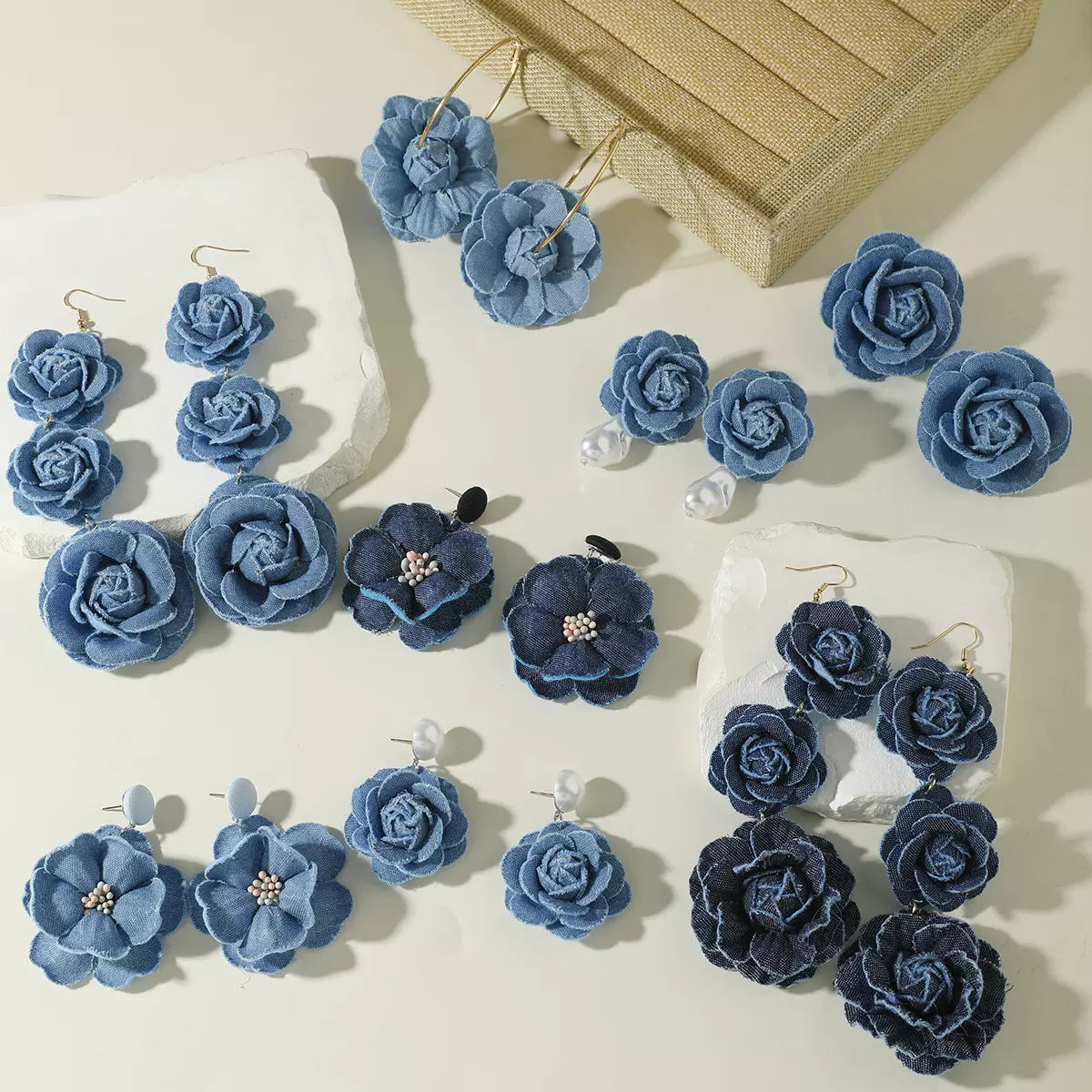欧美跨境时尚牛仔花朵长流苏耳坠高级感小众设计布艺耳环耳饰女