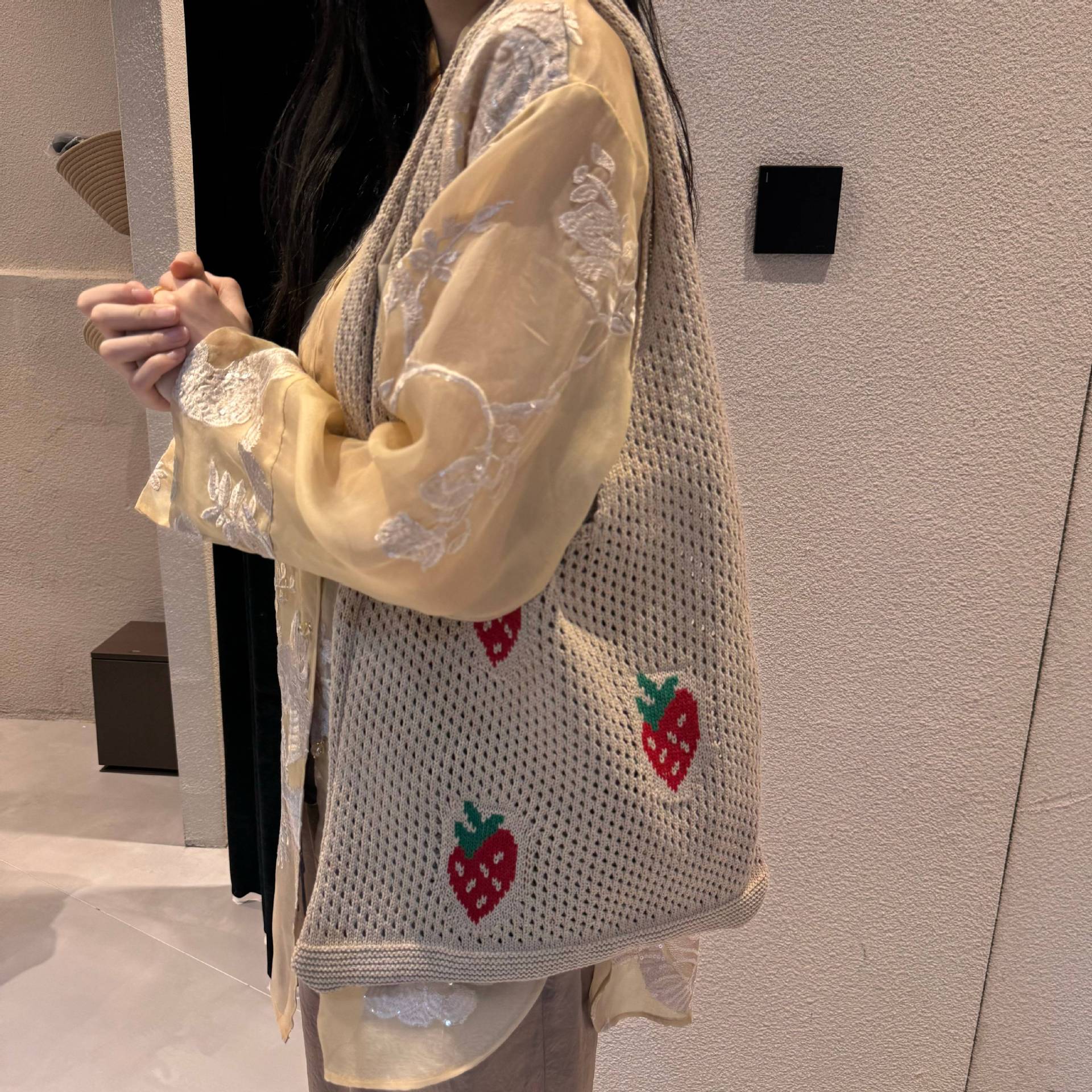 Daily Occasion Women's Medium Polyester Strawberry Cute Square Open Tote Bag