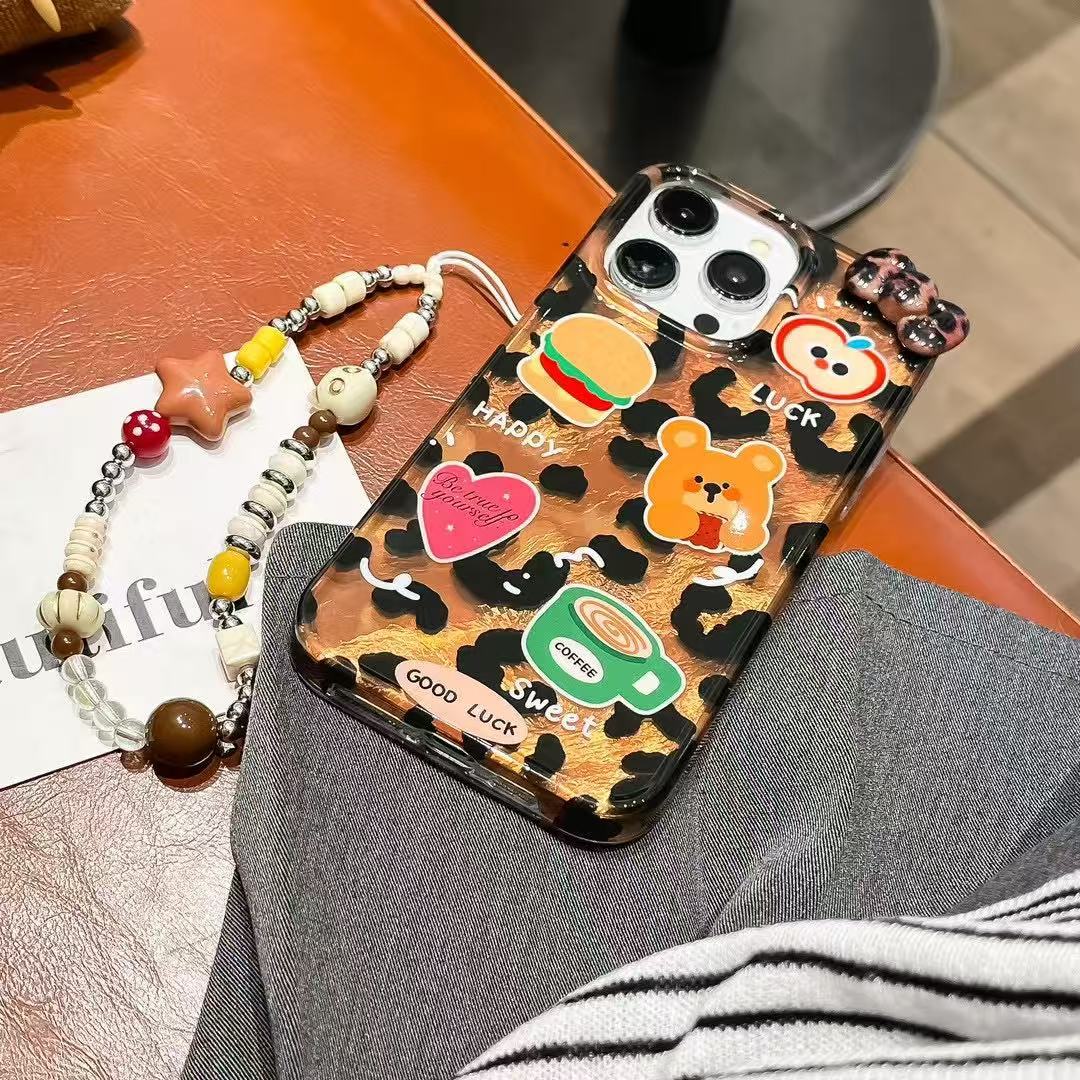 Cute cartoon leopardo hamburguesa oso para iphone15 estuche para teléfono móvil estéreo 16ProMax Apple 13 femenino 14