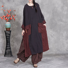 25秋季新品亚麻女装原创拼接口袋长裙文艺气质连衣裙外贸货源