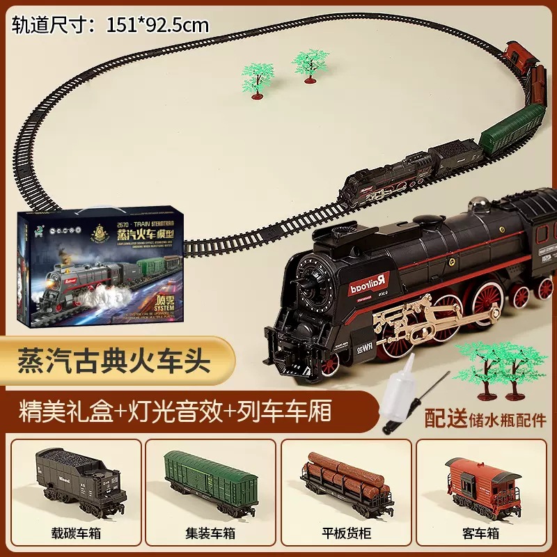 レトロな蒸気の小さい列車は高速鉄道の駐車場の子供の男の子の電動の軌道のおもちゃのノスタルジックな模型をシミュレーションします。