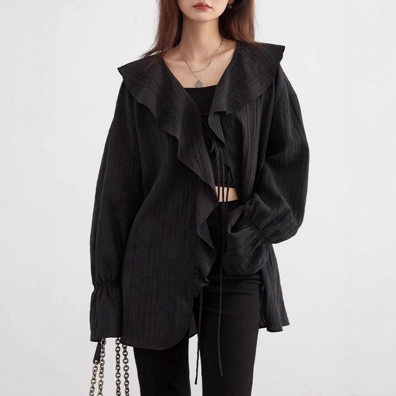 Chicven "Meditation Space" Spring Textured Tencel Ruffled Elastic Sleeve Lace-Up Mid-Length Shirt