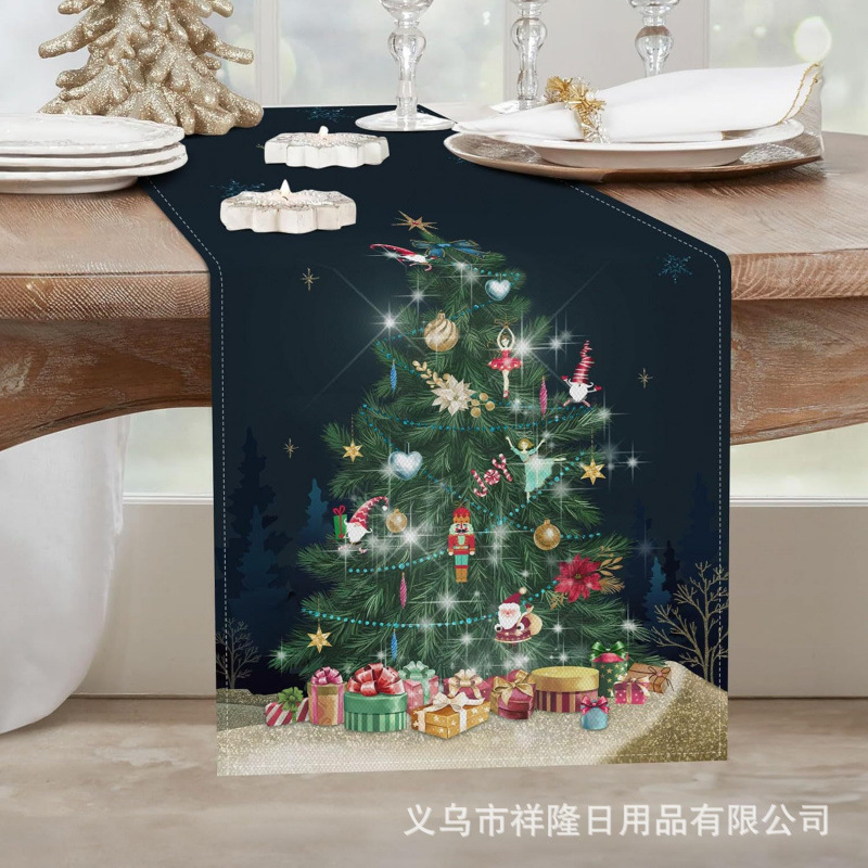 跨境爆款圣诞节桌旗厨房派对餐桌圣诞树花环雪人铃铛圣诞老人桌旗|undefined