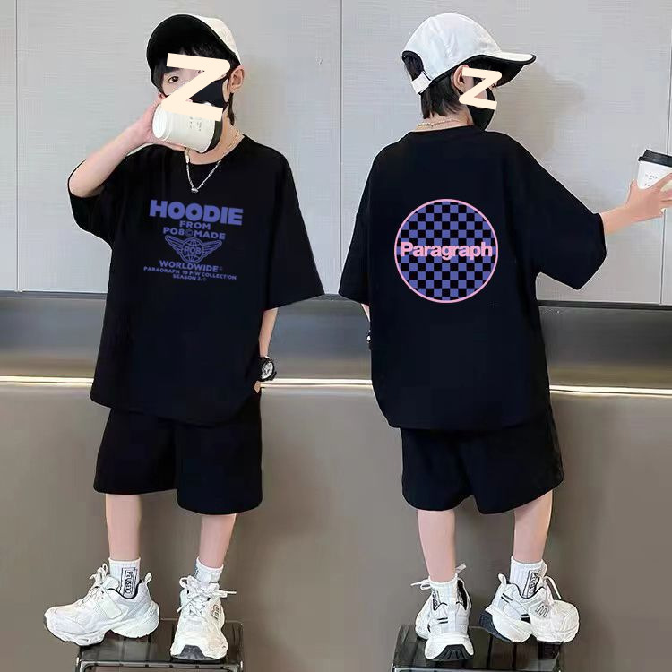 Boys Summer Short-Sleeved Sports Suit 2025 New Medium and Large Children Korean Style Handsome Boy T-Shirt Shorts Two-Piece Set