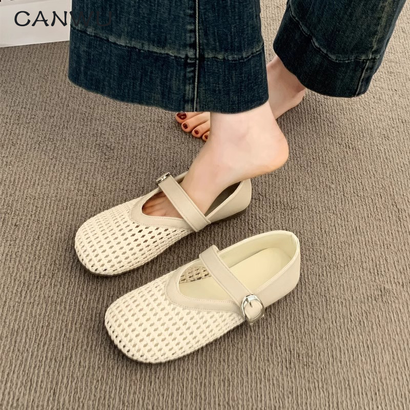 Mary Jane Flats for Women 2025 Summer New Flats-Soled One-Line Mesh Cut Out Woven Fisherman Shoes Size 34 Sandals
