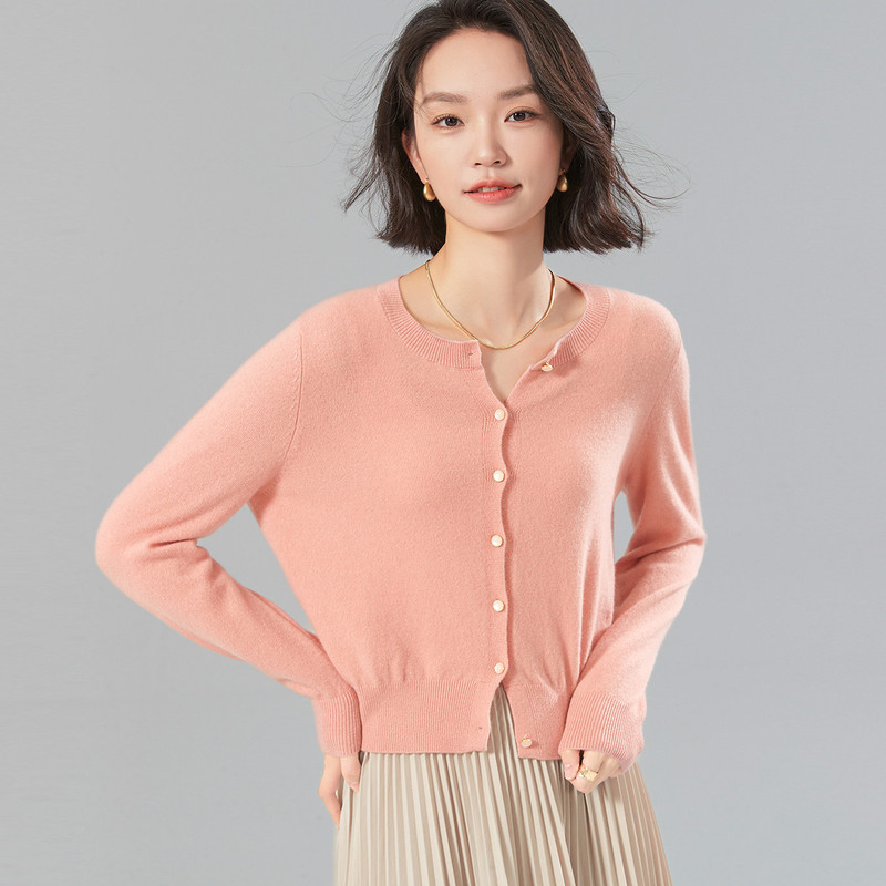 秋冬款100%羊毛衫圆领开衫女精美纽扣时尚休闲简约纯色针织上衣女|undefined
