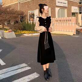 金丝绒连衣裙女装春法式小香风小个子拼接名媛蕾丝气质长裙子女
