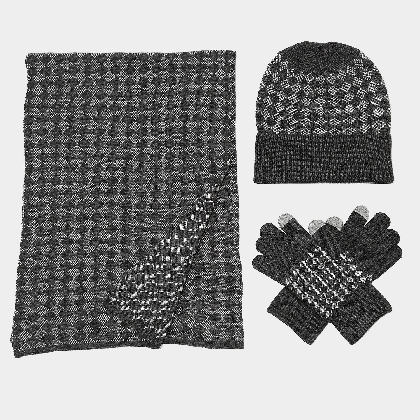 Otoño y invierno guantes de pantalla táctil caliente sombrero bufandas de tres piezas con cuadrícula de diamante antifría extranjera con set de punto caliente