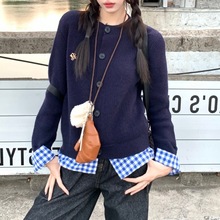 学院风藏蓝色格子针织开衫女早秋韩系假两件格子拼接毛衣外套上衣