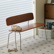 中古风包豪斯实木长凳不锈钢客厅靠背长条凳家用餐椅长椅柚木色