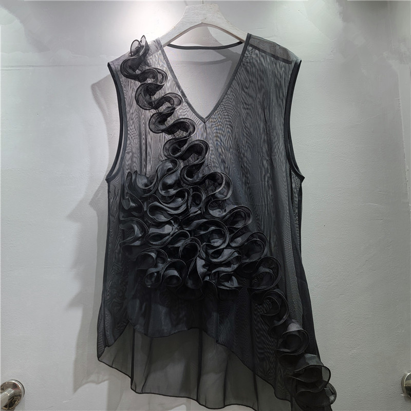 2026 primavera y verano nuevo estilo francés flores de cuello en V de malla transparente sin mangas chaleco de clip de caballo