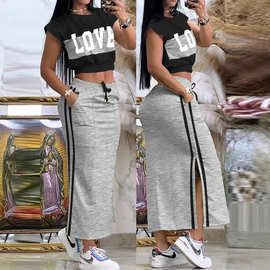 2023欧美外贸女装气质优雅撞色拼接印花上衣休闲绑带开叉半裙套装