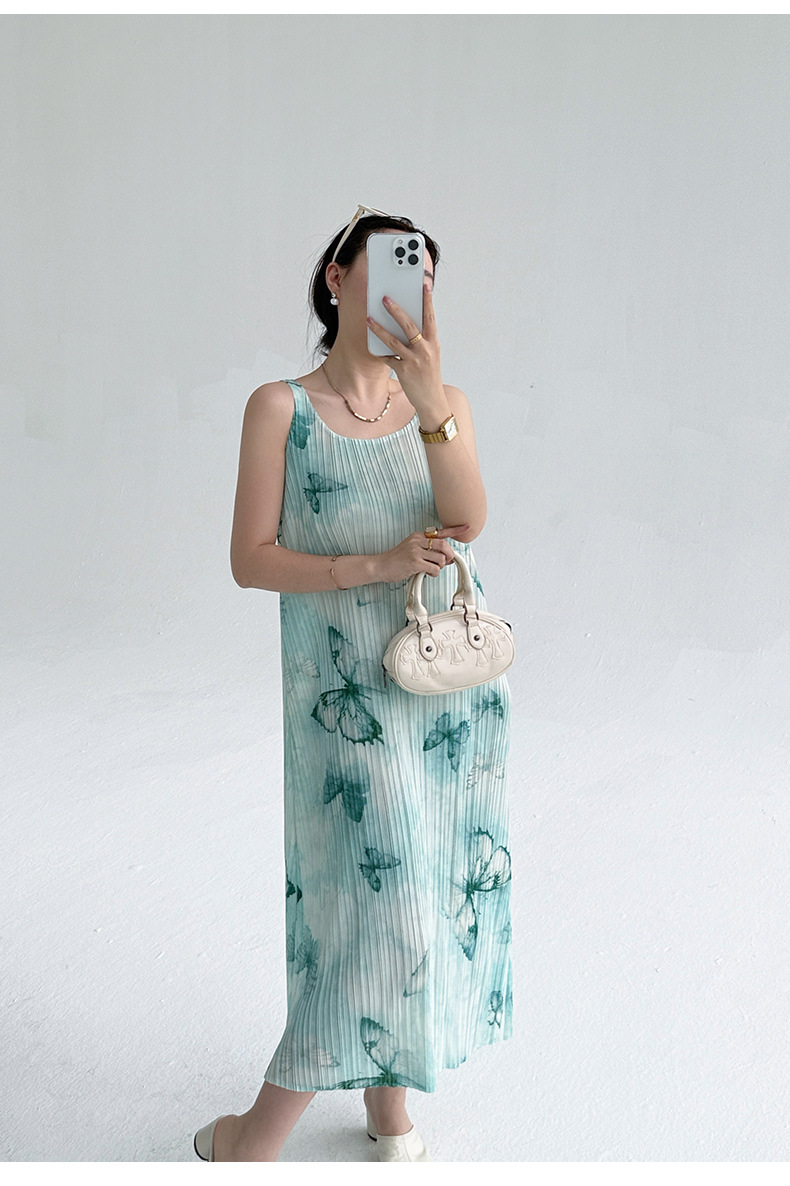 Đầm suông midi in họa tiết bướm gradient phong cách Pháp — màu tím nhạt chi tiết 15
