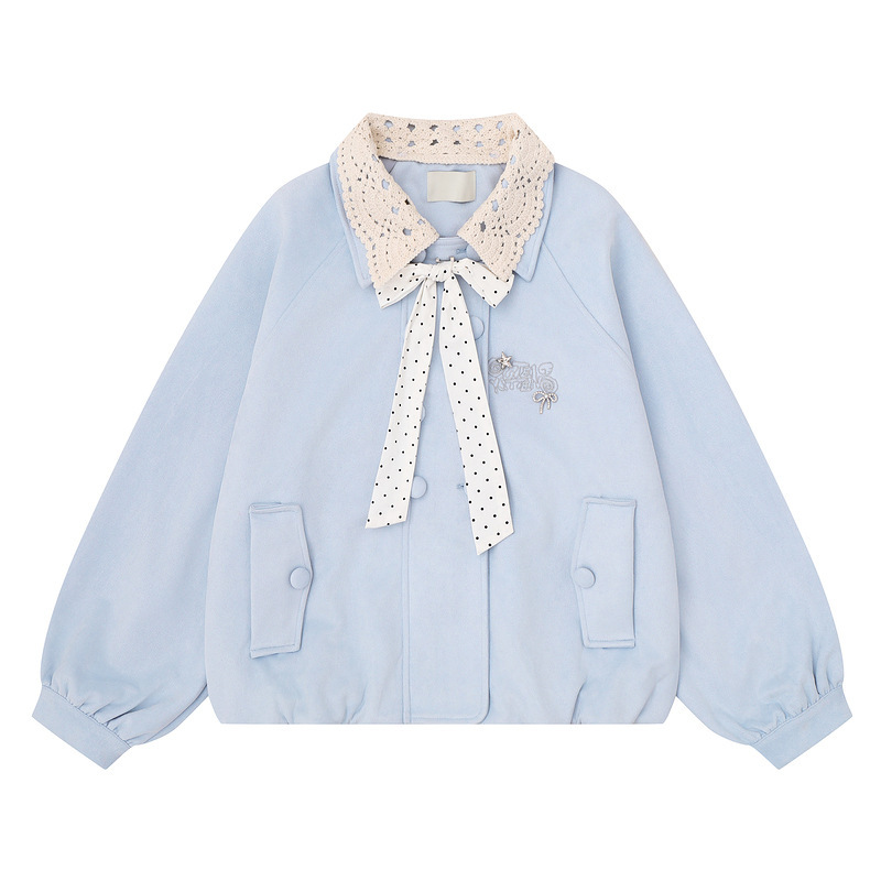 Japanese-style sweet light blue short loose jacket for women with hollow lace collar, polka dot bow, and embroidery, loose-fitting girl's coat Japanese-style sweet light blue short loose jacket for women with hollow lace collar, polka dot bow, and embroidery, loose-fitting girl's coat