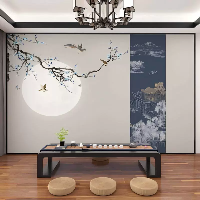 新中式立体古典水墨山水家居电视背景墙壁布客厅壁纸卧室包厢
