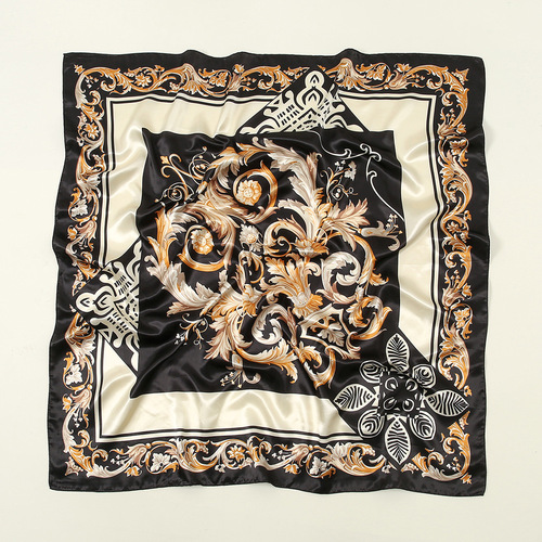 Women's Hot Selling Floral Scarf, Roman Black Gold Thread Silk Chiffon Scarf, Simulated Silk Color Gauze Sunshade Shawl and Head Scarf