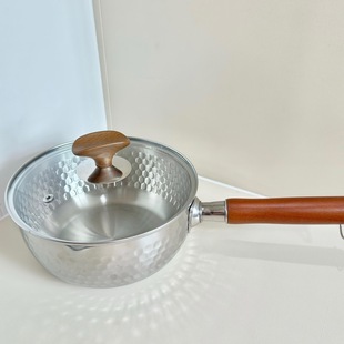 18-10 Yukihira Pot Japanese-Style Wooden Handle Small Milk Pot Baby Household Food Supplement Pot Hammer Pattern Soup Pot Non-Stick Pot High Appearance