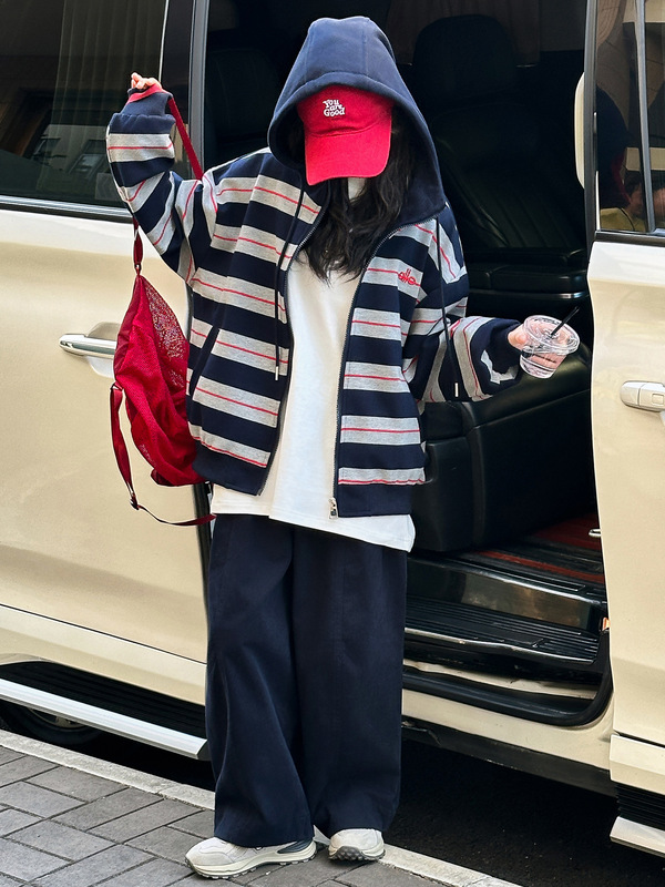 秋季中大女童休闲外套童装儿童女孩条纹帽衫卫衣拉链衫洋气百搭潮|undefined