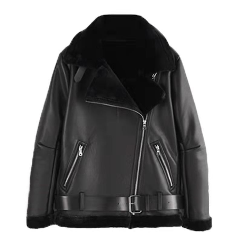 New Autumn and Winter Washed Leather Jacket with Fleece and Thickened Fur All-In-One Women's Motorcycle Jacket Women's Winter Rabbit Plush Fur