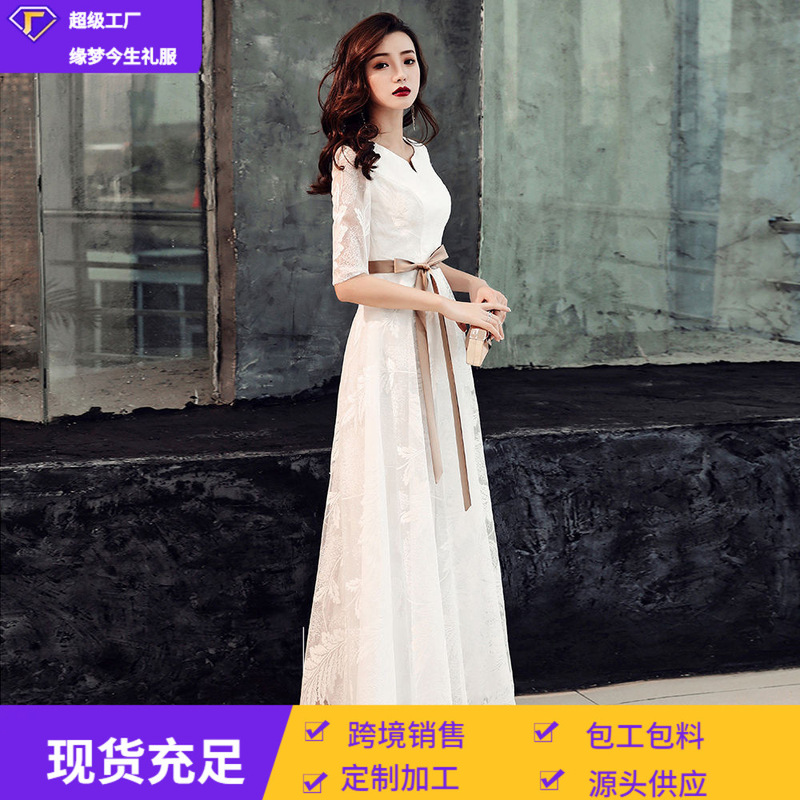 Korean Style Banquet Evening Dress White Lace Sexy Long Style Socialite Female Coming-Of-Age Party Female Student 2026 New Style Korean Style Banquet Evening Dress White Lace Sexy Long Style Socialite Female Coming-Of-Age Party Female Student 2026 New Style
