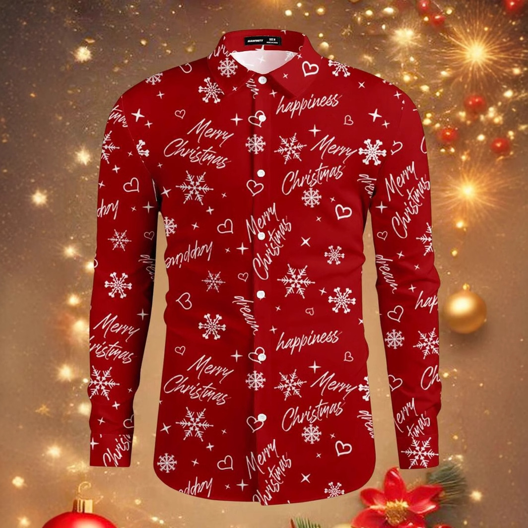 Romántico Navidad brillante copo de nieve 3D estampado hombre casual salvaje calle de manga larga solapa camisa con botones