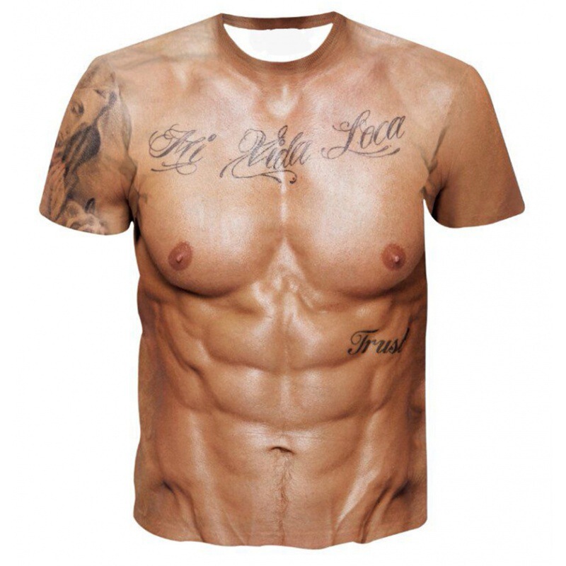 Cross-border e-commerce fake muscle abdominal muscle chest muscle tattoo 3D three-dimensional T-shirt short sleeve exotic base shirt clothes
