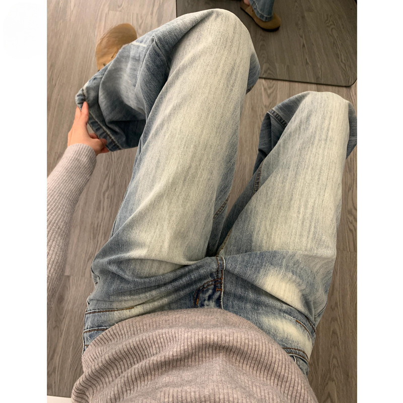 复古水洗宽松阔腿牛仔裤女2025新款高腰显瘦浅色小个子垂感拖地裤|undefined