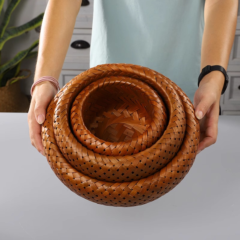 Bamboo woven steamed bun basket, retro-colored bird's nest fruit basket, small bamboo storage basket, woven bamboo round basket, fruit plate