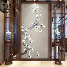 新中式壁纸无缝玉兰花鸟壁画入户玄关墙纸过道书房客厅背景墙墙布