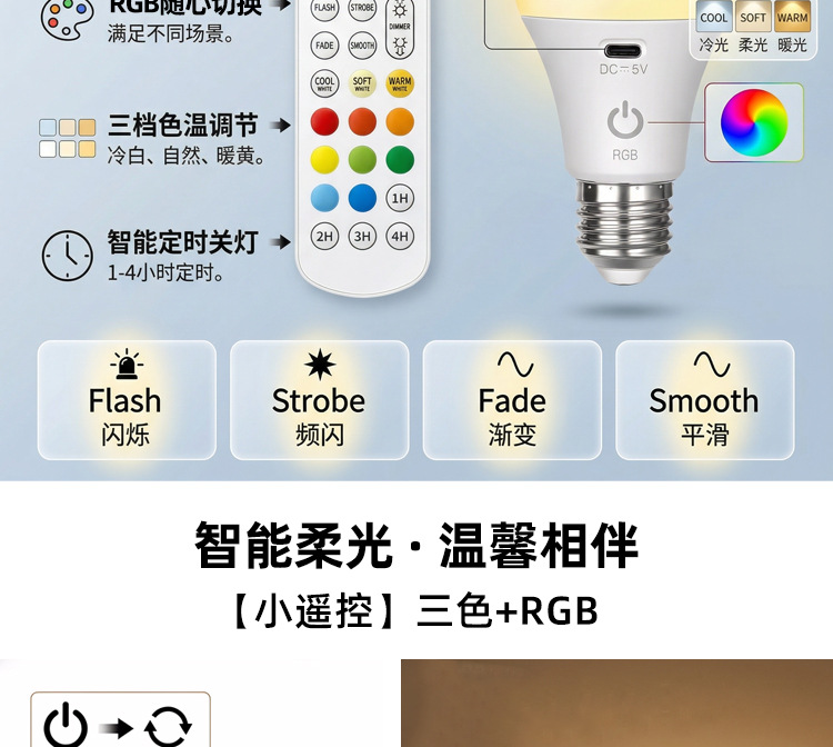 跨境热销智能遥控调色定时关灯多功能 RGB 全彩灯泡E27家用氛围灯