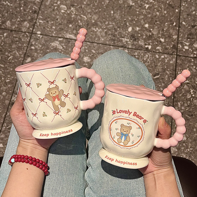 可爱卡通小熊马克杯带盖勺杯子高颜值家用陶瓷水杯生日礼物送女生|undefined