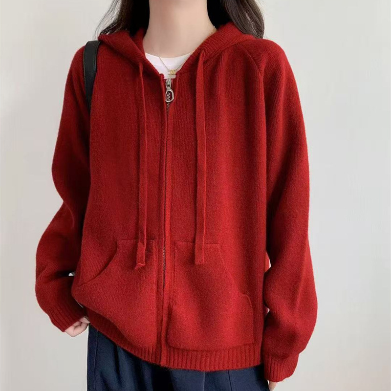 慵懒风大口袋连帽针织衫外套女2025秋冬新款韩系休闲百针织上衣女|undefined