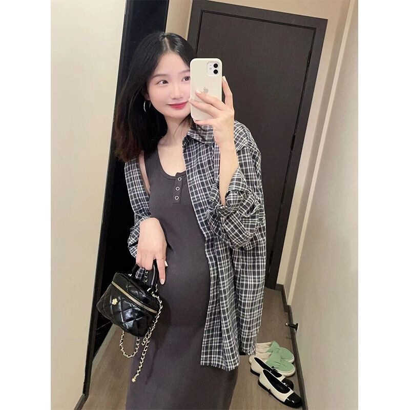 Maternity Wear Spring Dress 2026 New Style Spring and Autumn Two-Piece Set Fashionable Vest Dress Stylish Shirt Set Autumn and Winter