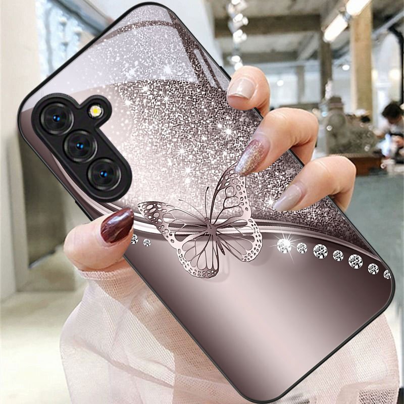 Suitable for Samsung A16 Mobile Phone Case S25Ultra Diamond Butterfly Glass Case S26 Protective Case S23 Black A07 Silver