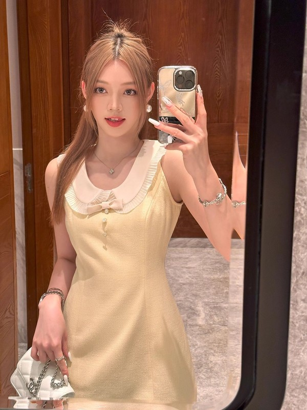 法式气质小香风娃娃领无袖连衣裙女夏季收腰显瘦富家千金黄色短裙|undefined